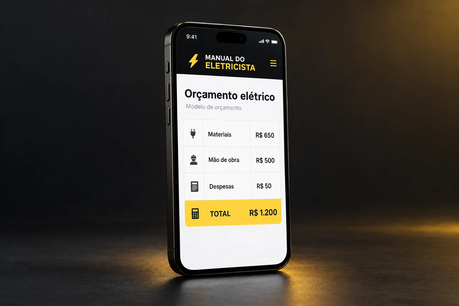 Planilha de orçamento elétrico aberto em um smartphone