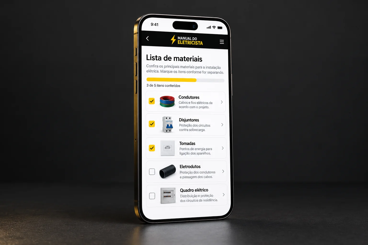 Lista de materiais aberto em um smartphone