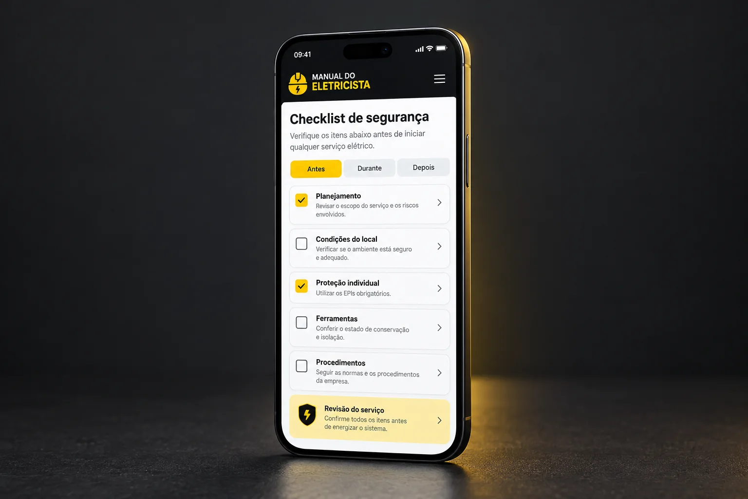 Segurança e checklist aberto em um smartphone