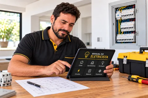 Cena ilustrativa: eletricista consultando o manual com os materiais organizados