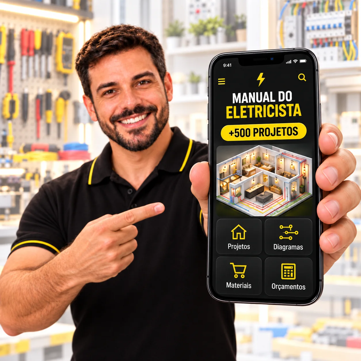 Eletricista apresentando o kit completo e as capas dos materiais